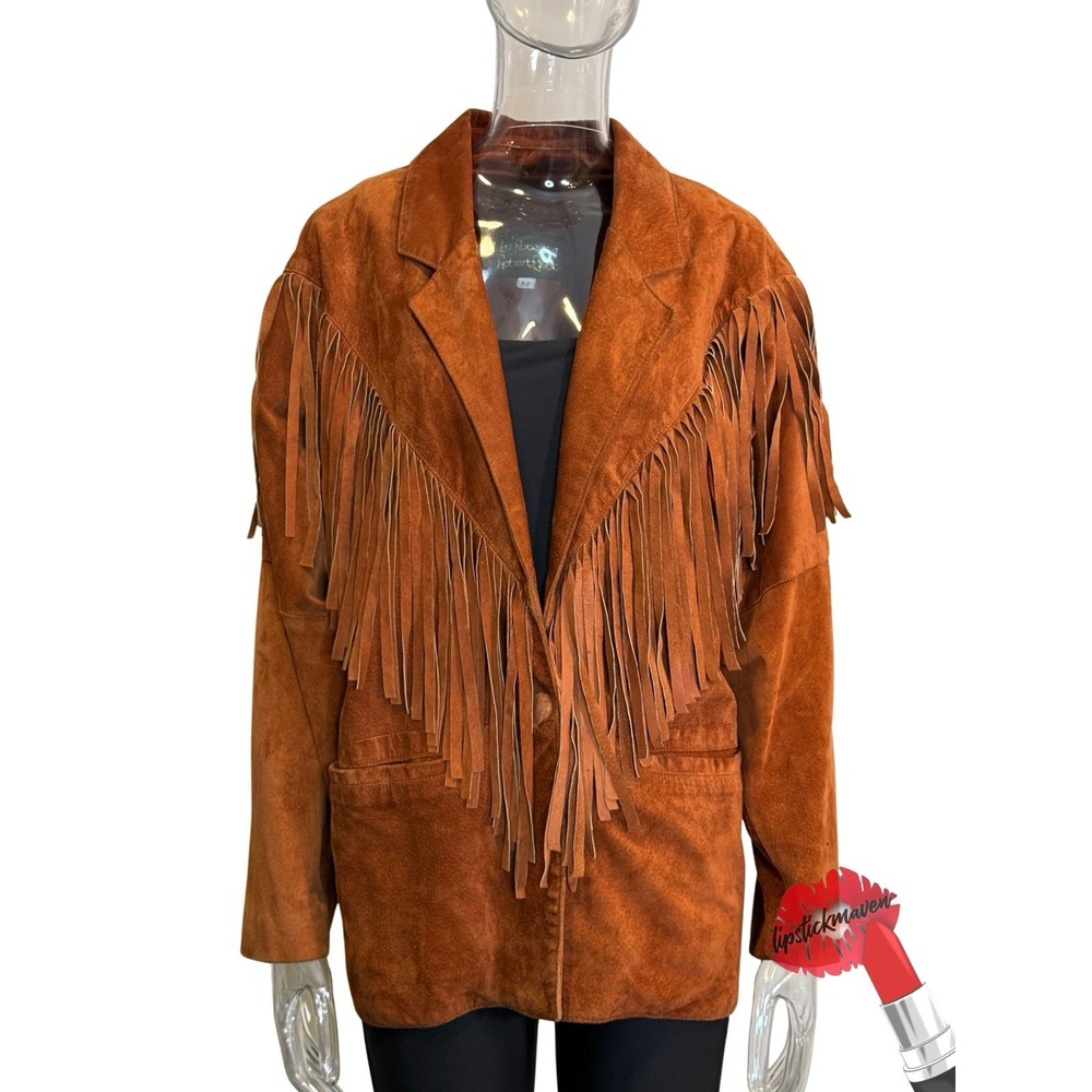 Vintage Suede Leather Jacket Womens Brown Medium Fringe Western Cowgirl